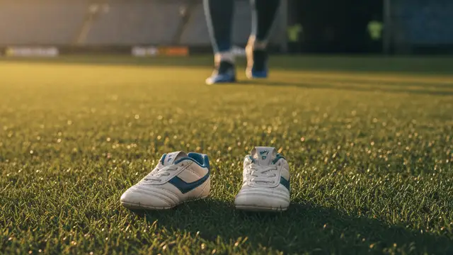 Baby football boots on a pitch, blurred silhouette of a footballer in background.