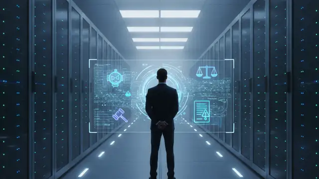 Silhouetted figure viewing holographic data in a modern server room.