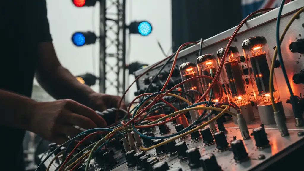Close-up of an analog synthesizer with patch cables and a silhouette of a musician.