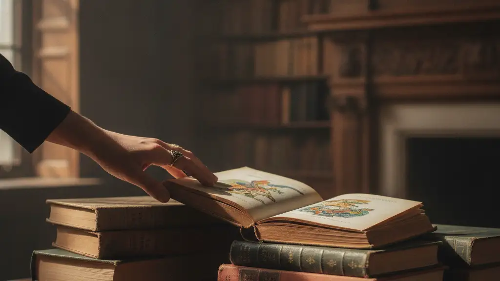 A regal hand places an open storybook onto a stack of children's books.