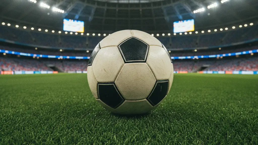 Football on a stadium pitch with blurred, modern stadium interior in background.