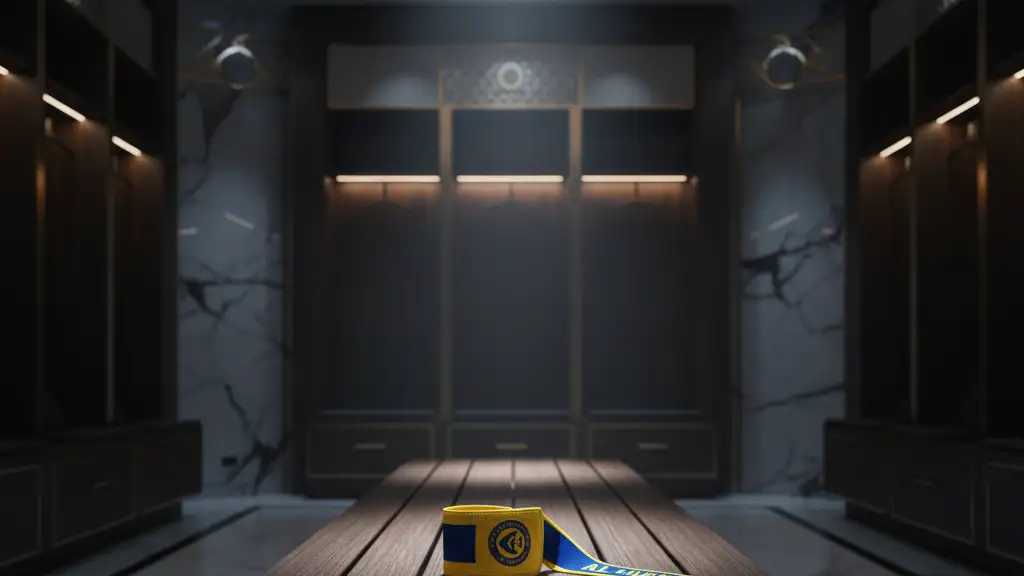 A captain's armband sits alone on a bench in an empty, luxury locker room.