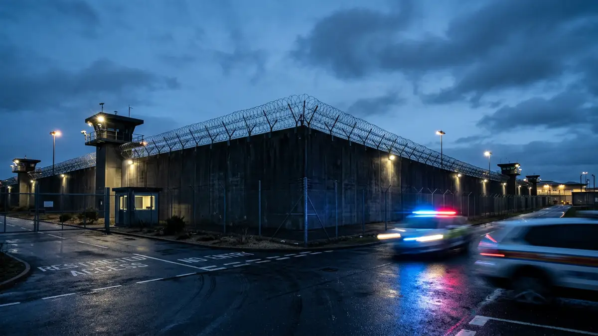 Razor wire atop a high-security prison wall at night with emergency vehicle lights reflecting nearby.