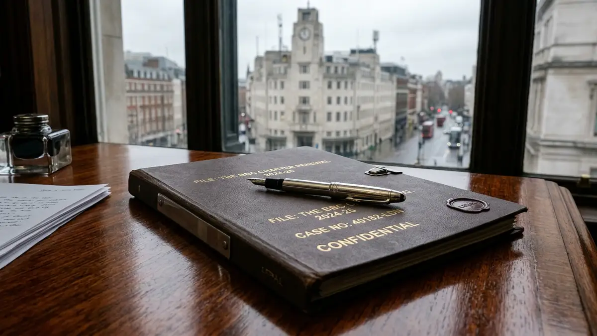 A closed legal folder and fountain pen on a desk with the BBC building background.