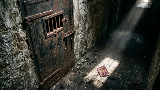 A rusted prison door and a British passport on a cold stone floor in shadows.
