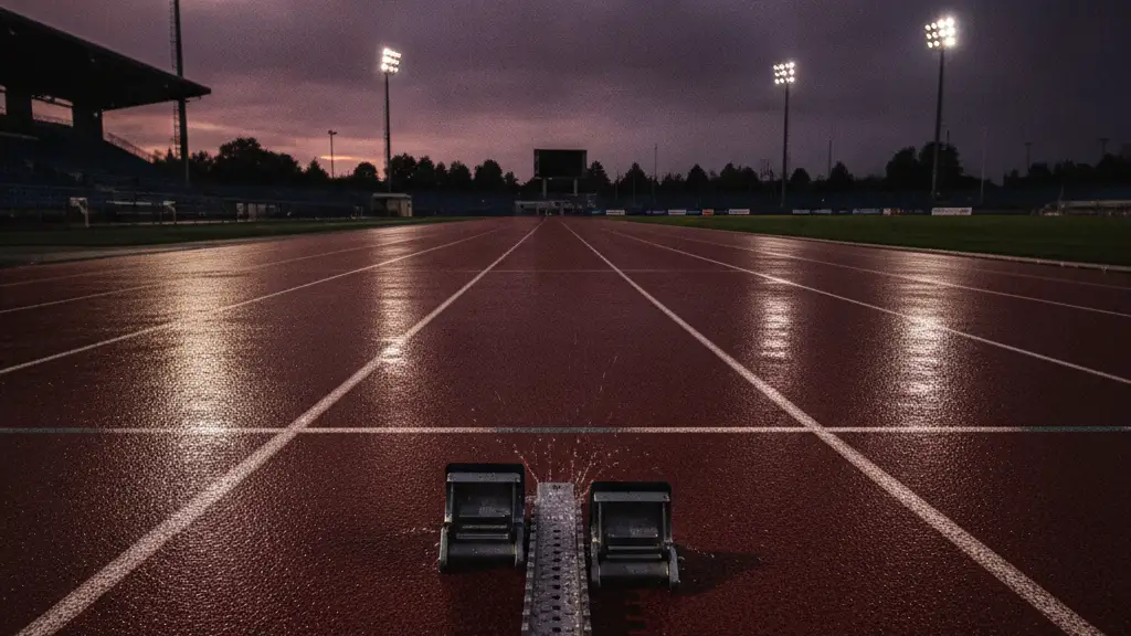 Empty starting block on a wet running track at dusk, stadium lights reflecting.