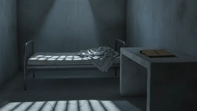 Empty, stark prison cell with a single cot and a file folder on a desk.