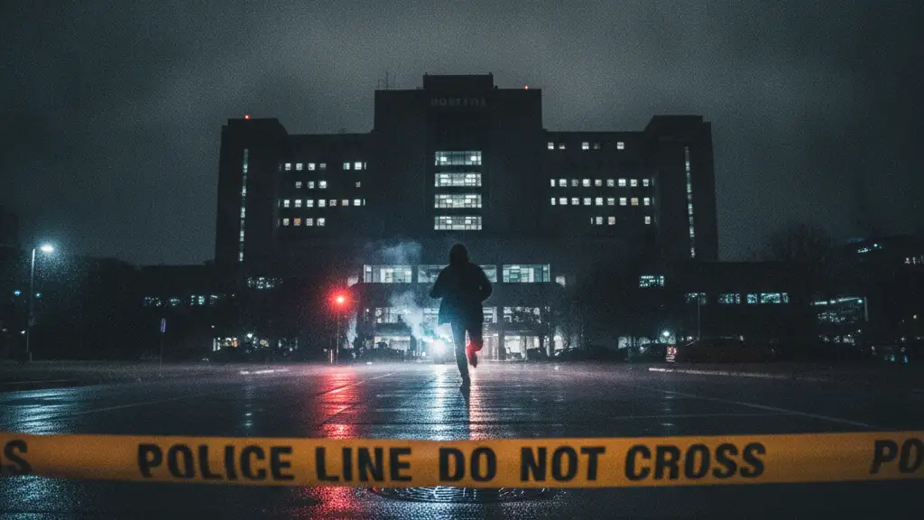 Police tape in foreground, blurred figure running from hospital at night.
