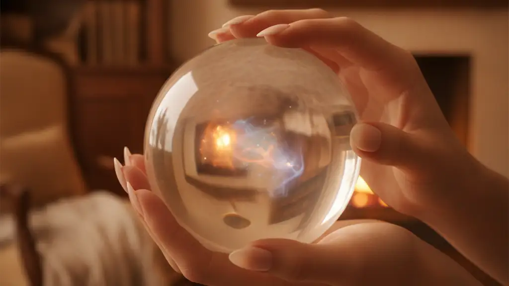 Hands holding a glowing crystal ball, soft focus, warm tones.