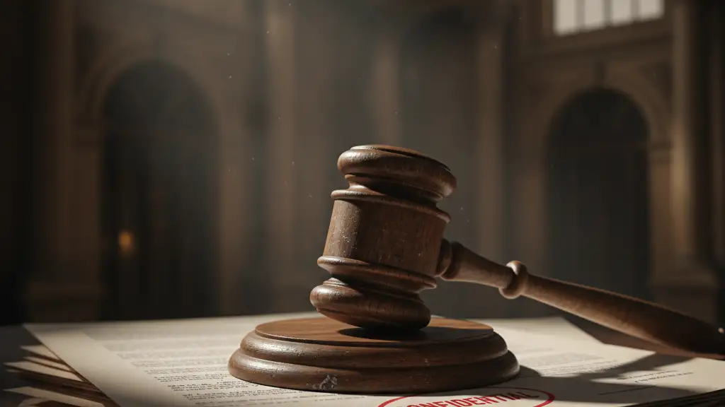 A heavy wooden gavel rests on confidential legal documents, symbolizing justice.
