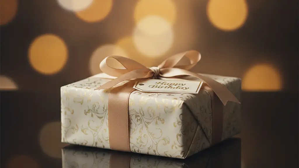An unopened birthday gift box on a reflective surface with blurred background lights.