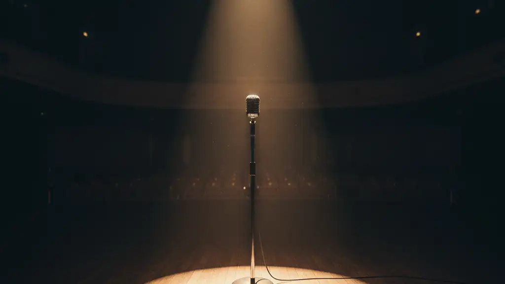 A spotlight shines on an empty microphone stand on a stage.