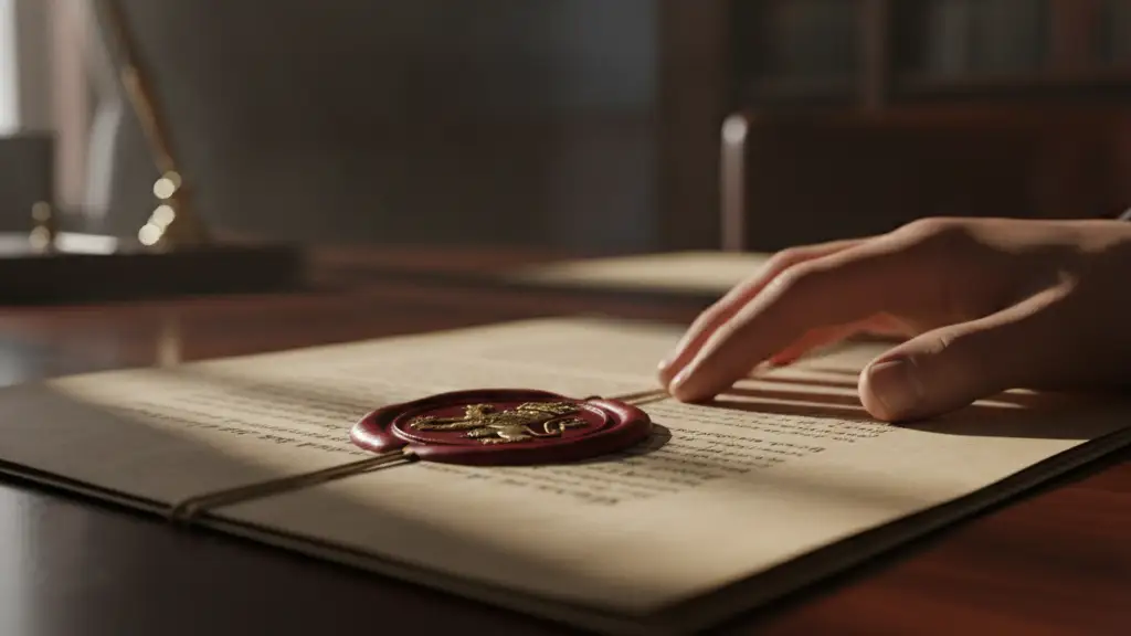 Official document with embossed seal on a dark wooden table, hand reaching for it.