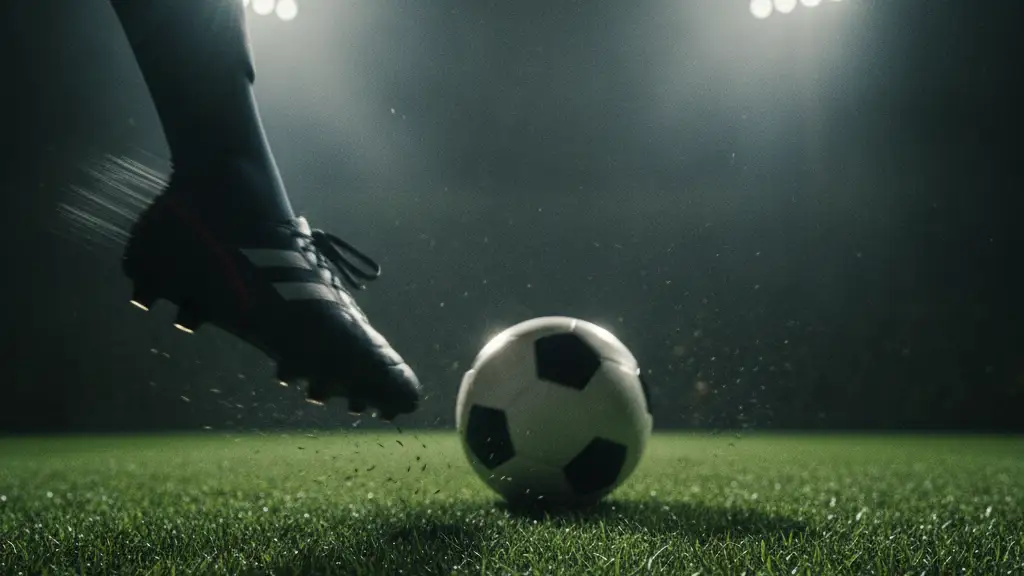 A blurred football boot about to kick a football on a green stadium pitch.