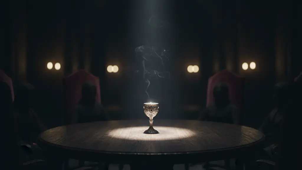 A spotlight shines on a silver chalice on a wooden table in a dark castle.