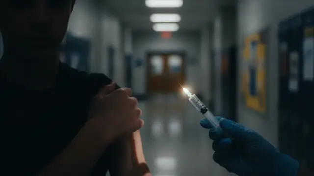 Blurred silhouette of a teenager's arm receiving a vaccination from a gloved hand.