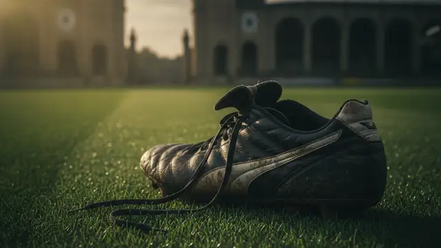 A worn football boot on a green pitch, with a stadium archway in the background.