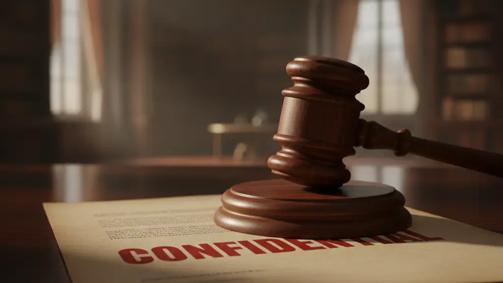 A confidential document partially covered by a wooden gavel on a dark desk.