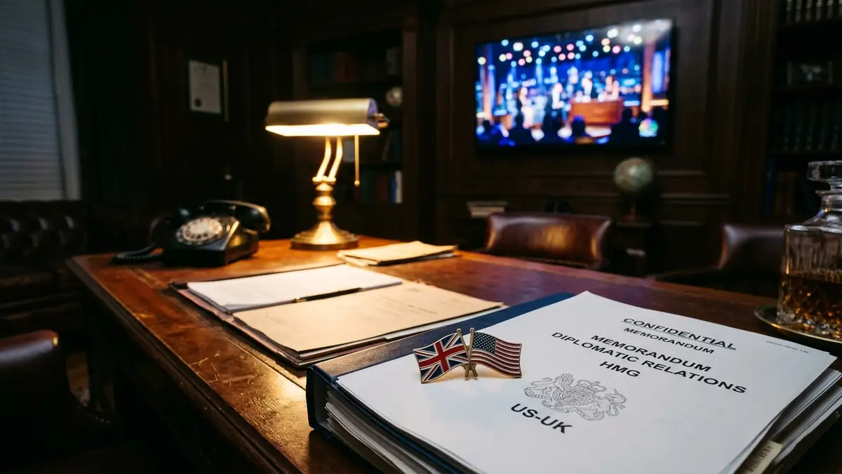 A desk with British and American flag pins resting on diplomatic documents in a dark office.