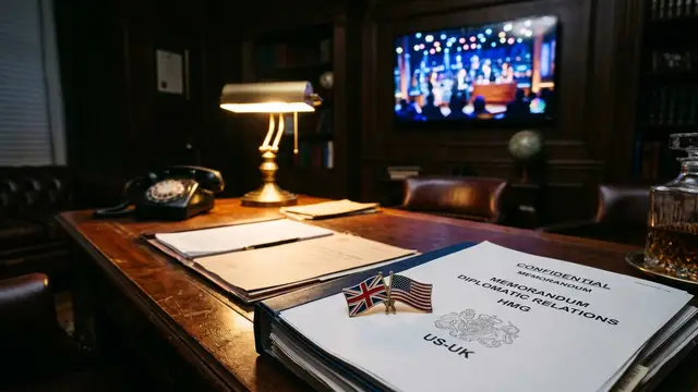 A desk with British and American flag pins resting on diplomatic documents in a dark office.