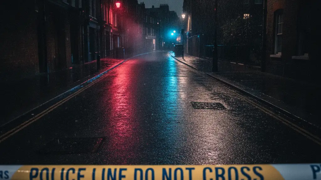 Police tape on a wet London street reflecting emergency lights at night.