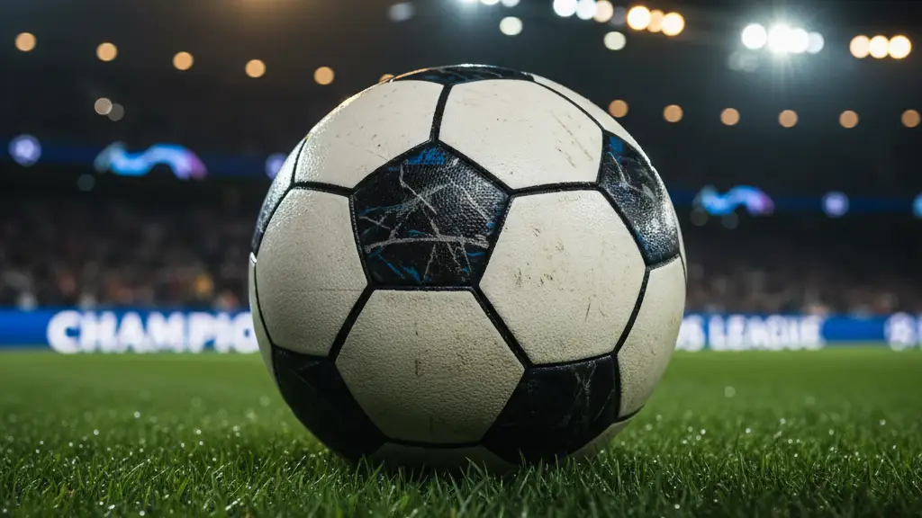 A professional football on a stadium pitch under bright lights at night.