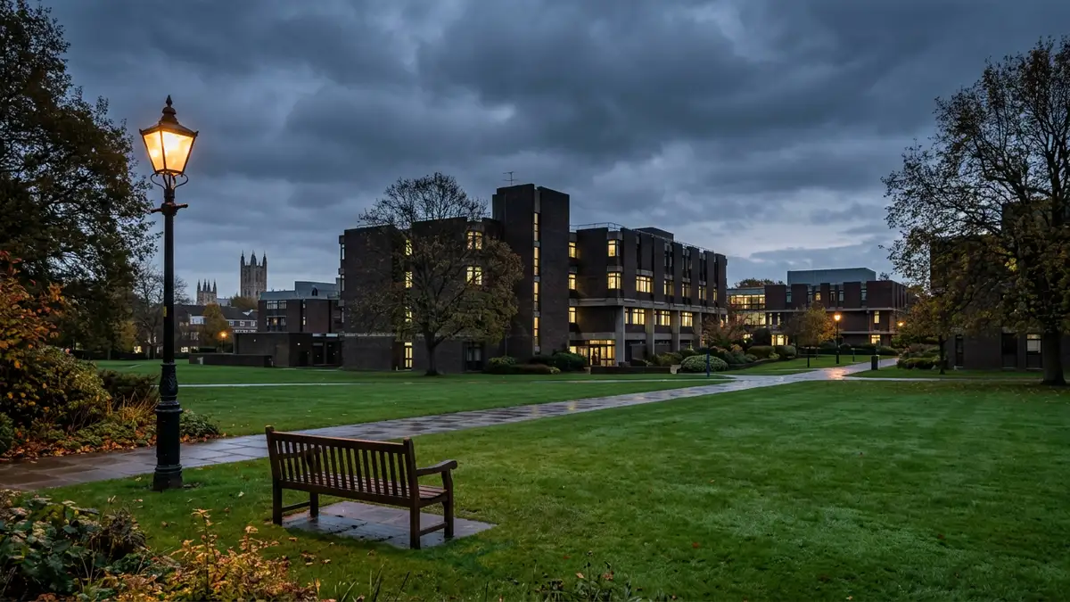 A quiet, empty campus courtyard at the University of Kent under a dim twilight sky.