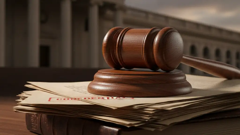 A wooden gavel on confidential documents, with a blurred courthouse in the background.