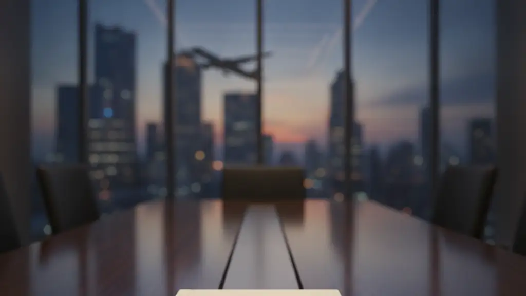 Document folder labeled 'ACQUISITION' on a conference table, blurred airplane in background.