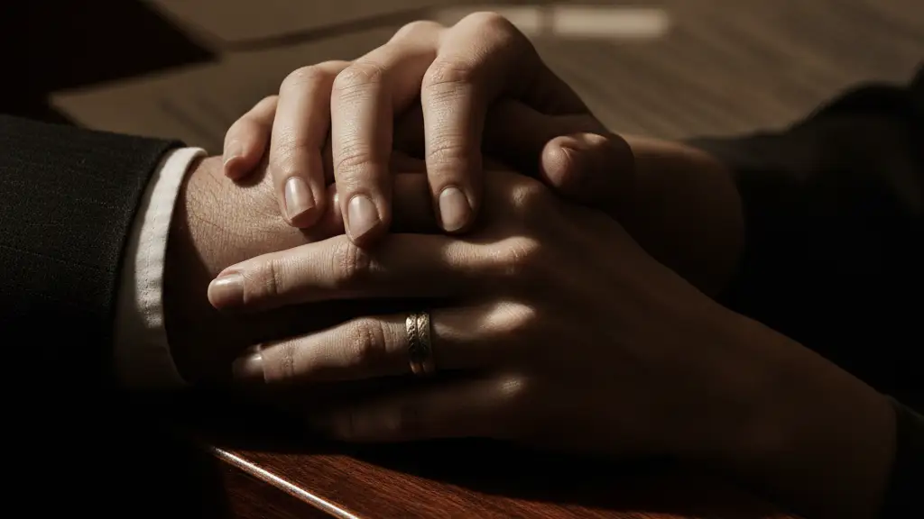 Two hands, one with a wedding band, clasped on a dark, polished surface.