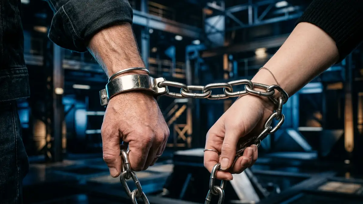 Close-up of two strangers' hands connected by a metal chain in a studio setting.