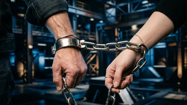 Close-up of two strangers' hands connected by a metal chain in a studio setting.