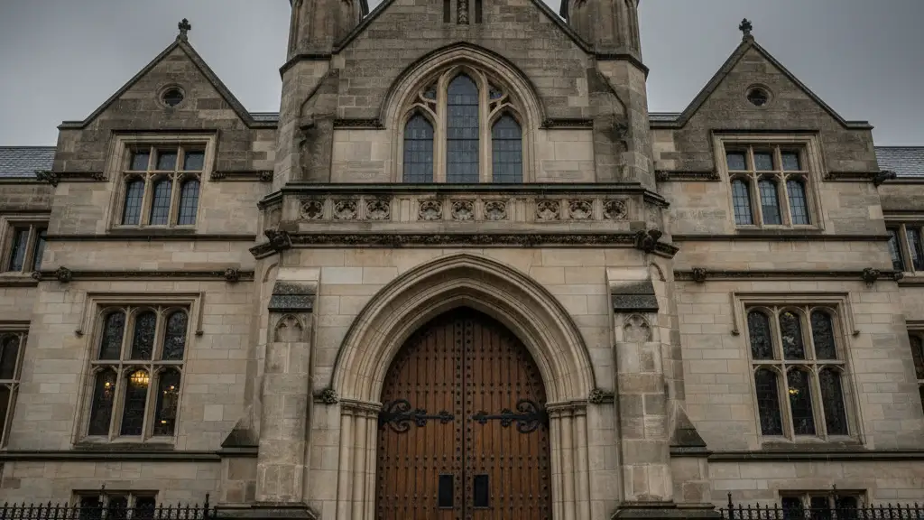 The stone exterior of a British courthouse under a somber, grey sky.