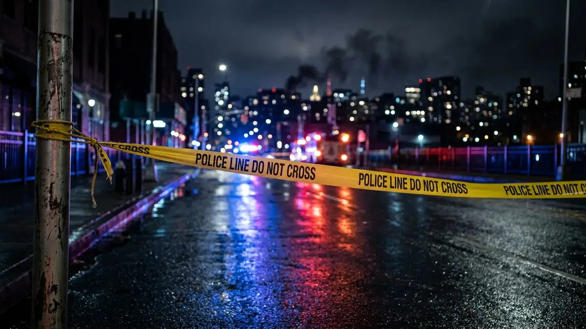 Emergency lights reflect on wet pavement with police tape and distant smoke.
