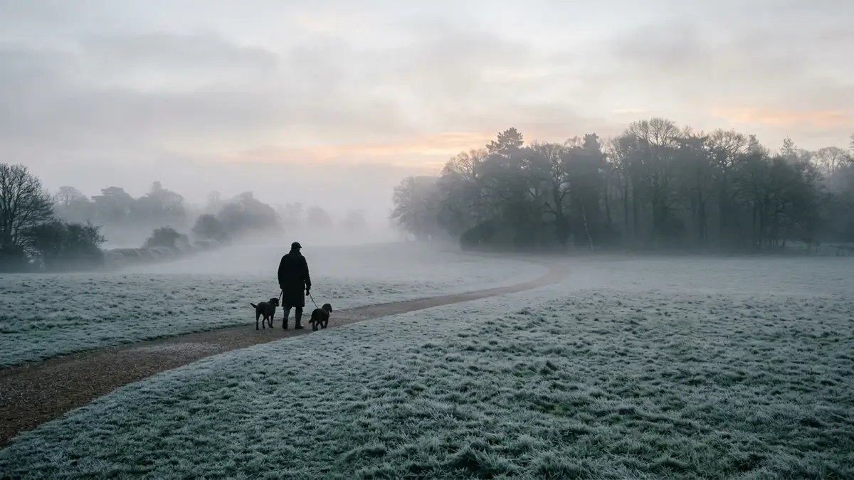 A distant silhouette of a man walking dogs across a misty, frost-covered rural estate.
