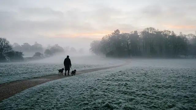 A distant silhouette of a man walking dogs across a misty, frost-covered rural estate.