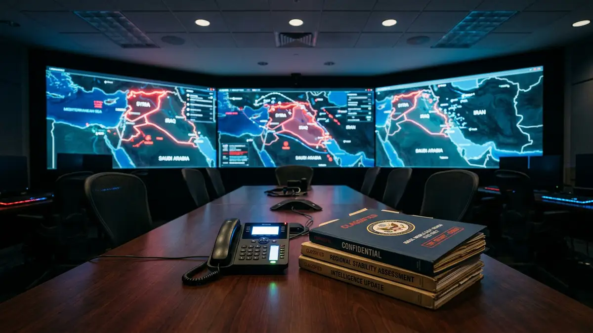 An empty situation room with a glowing telephone and maps of the Middle East.