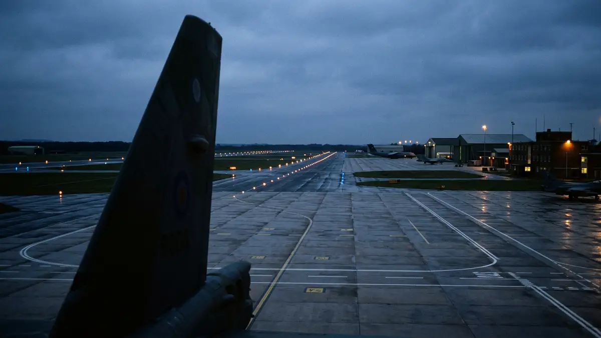 A military bomber silhouette on a wet runway at dusk with glowing blue lights.