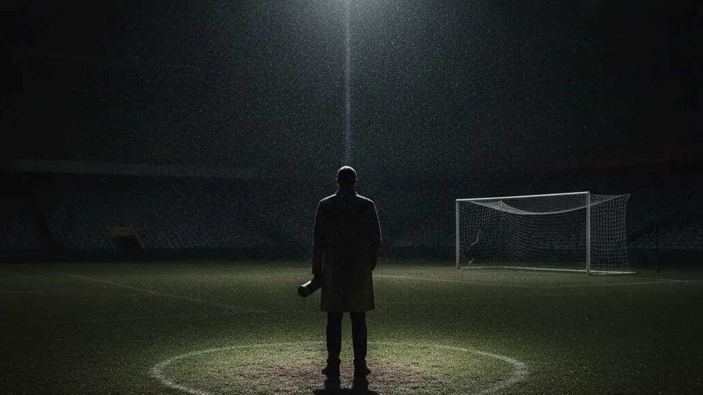 Silhouetted football manager on an empty, rain-slicked pitch under a single spotlight.