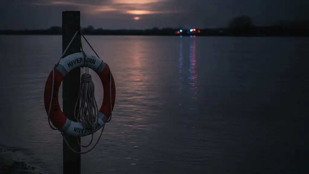 A lone lifebuoy hangs by a dark, reflective river at dusk.