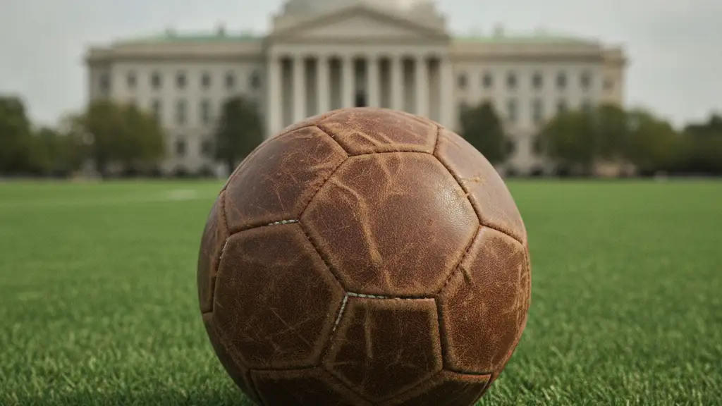 Worn vintage football on a green pitch, courthouse silhouette in background.