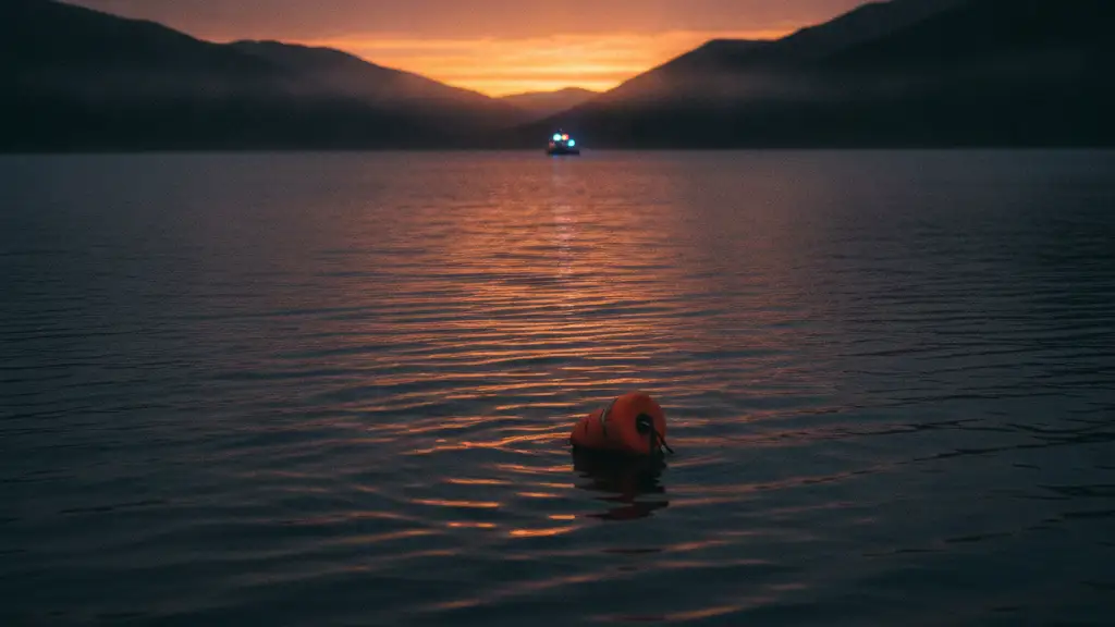 A lone, deflated diving buoy floats on a dark, rippling loch at dusk.