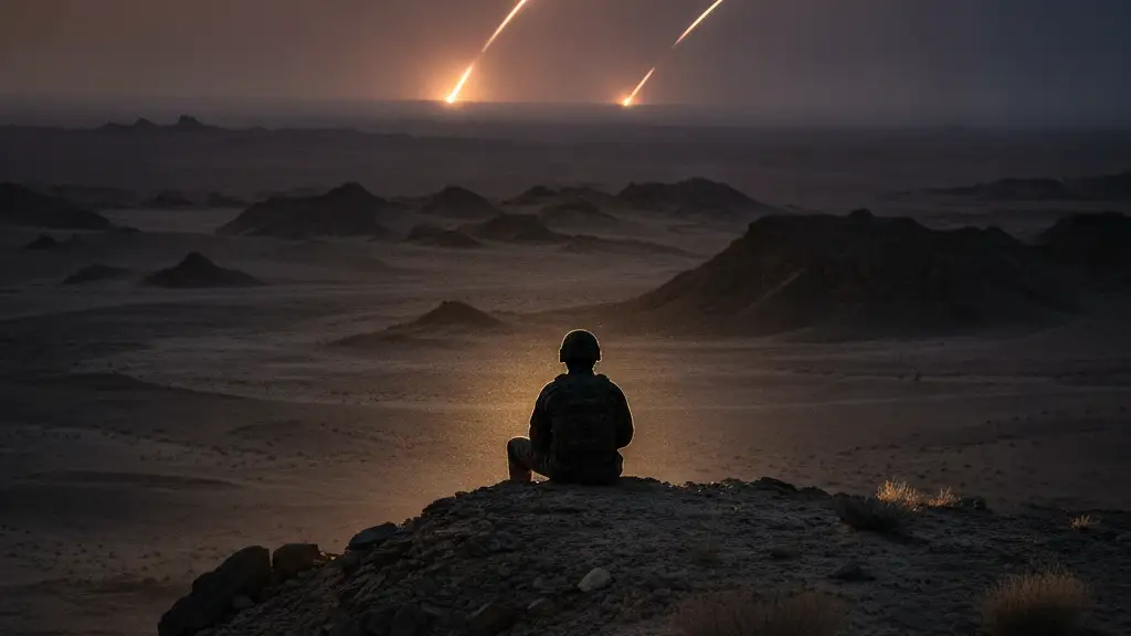 Silhouetted soldier on a desert ridge watching distant light streaks in twilight.