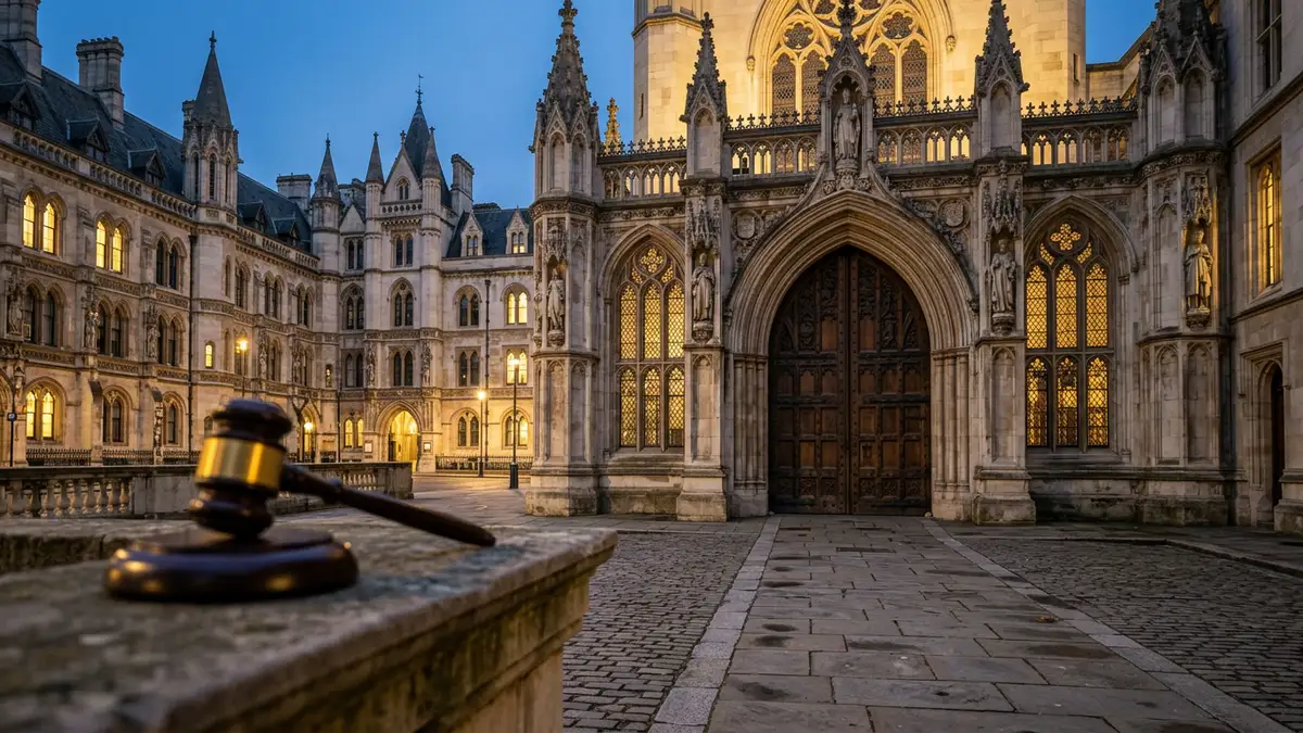 The exterior of the Royal Courts of Justice in London with a legal gavel in foreground.