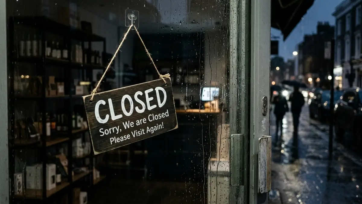 A 'Closed' sign on a glass store door, reflecting empty shelves inside.