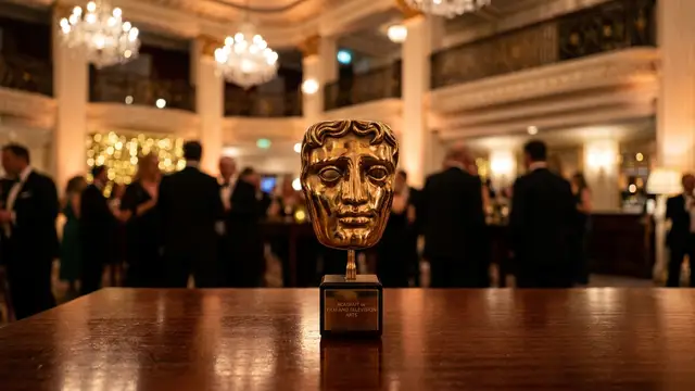 A golden BAFTA award mask trophy sits on a polished table in a dimly lit hall.