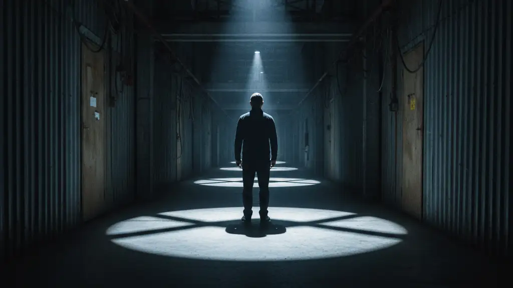 Silhouette of a figure in a dimly lit corridor, facing away from the viewer.