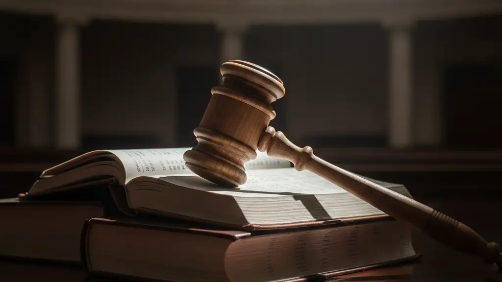A heavy wooden gavel rests on financial ledgers on a dark desk.