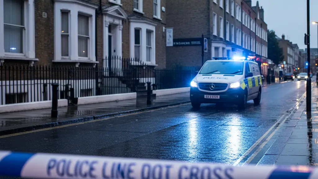 Police tape and blue emergency lights reflecting on a wet London street at night.
