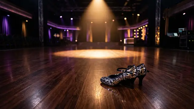 A pair of professional ballroom dance shoes sits alone on a spotlighted wooden dance floor.